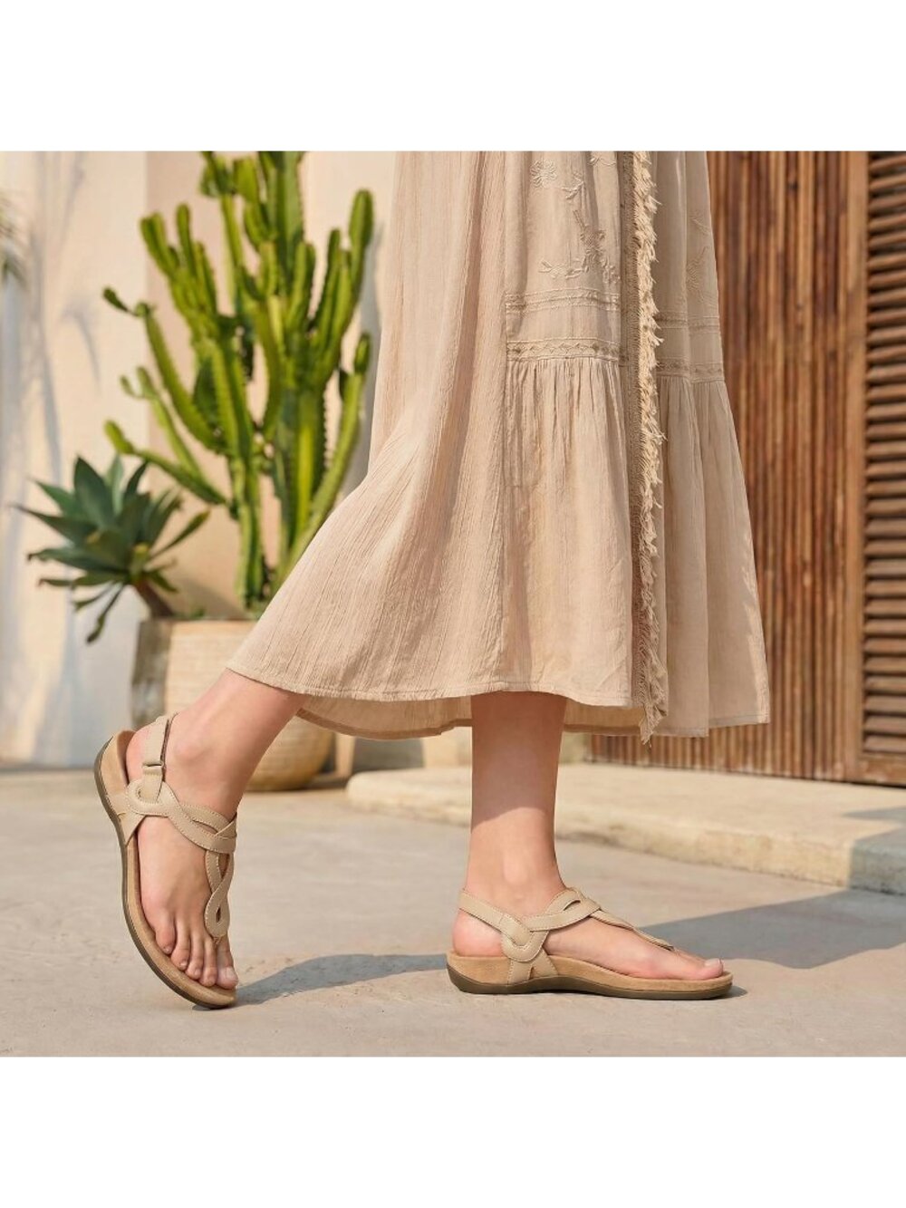 Women’s Nude Comfortable Arch Support Casual Thong T-Strap Supportive Sandals - Picture 2 of 6